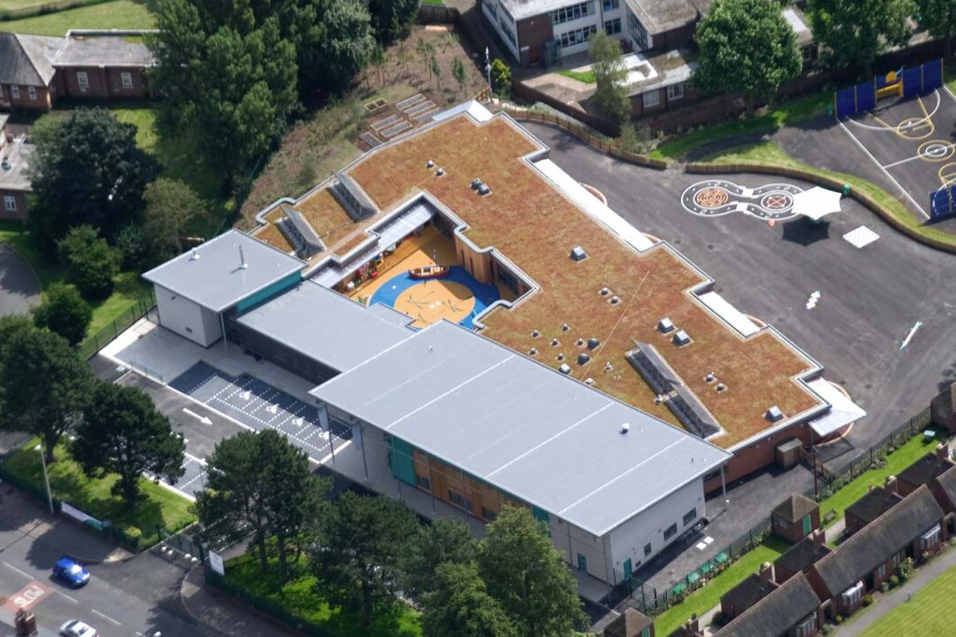 Exterior view of a green roof on a building