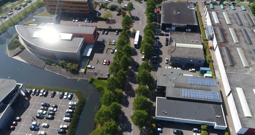 Exterior view of commercial building flat roofs